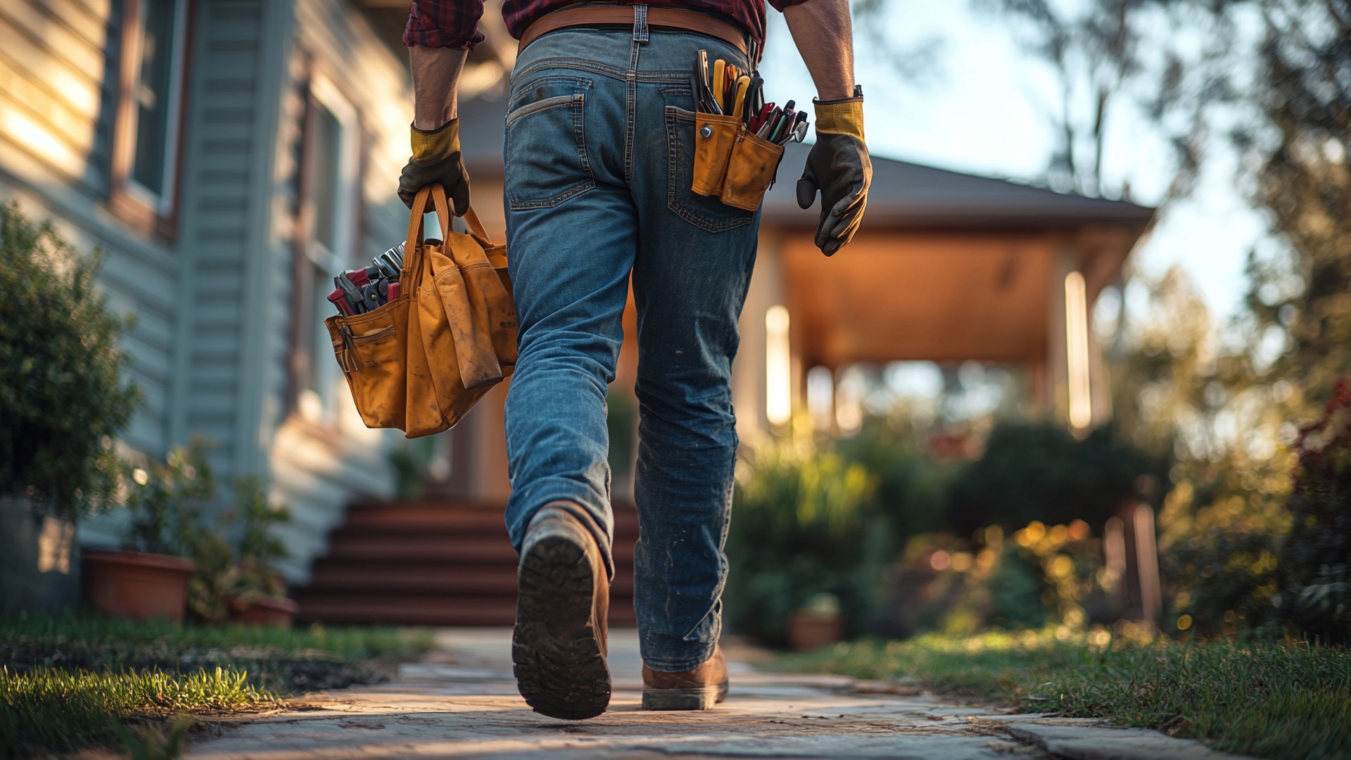 A contractor carrying tools toward a home