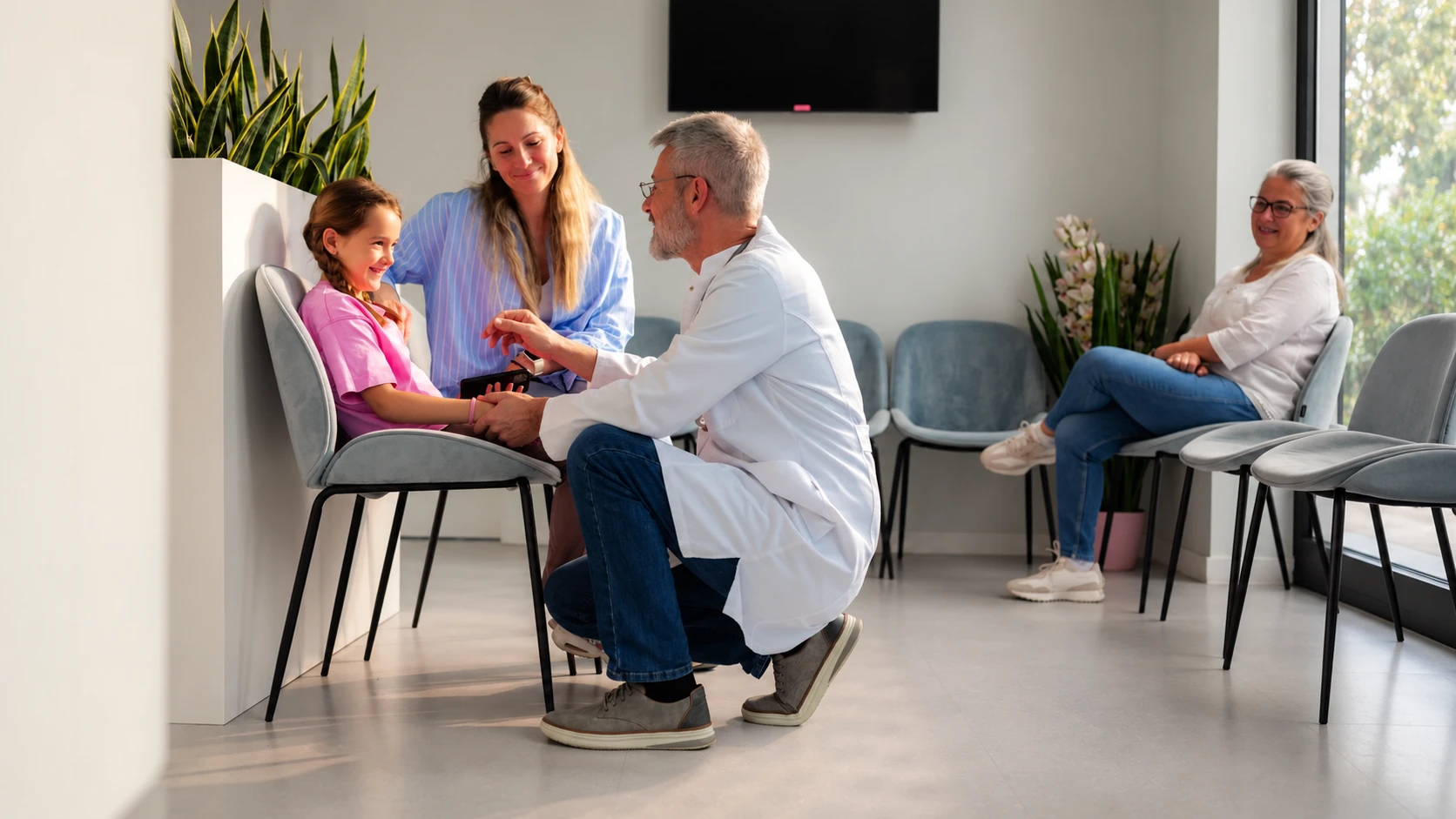 Doctor talking with a child and her mother in a clinic waiting area