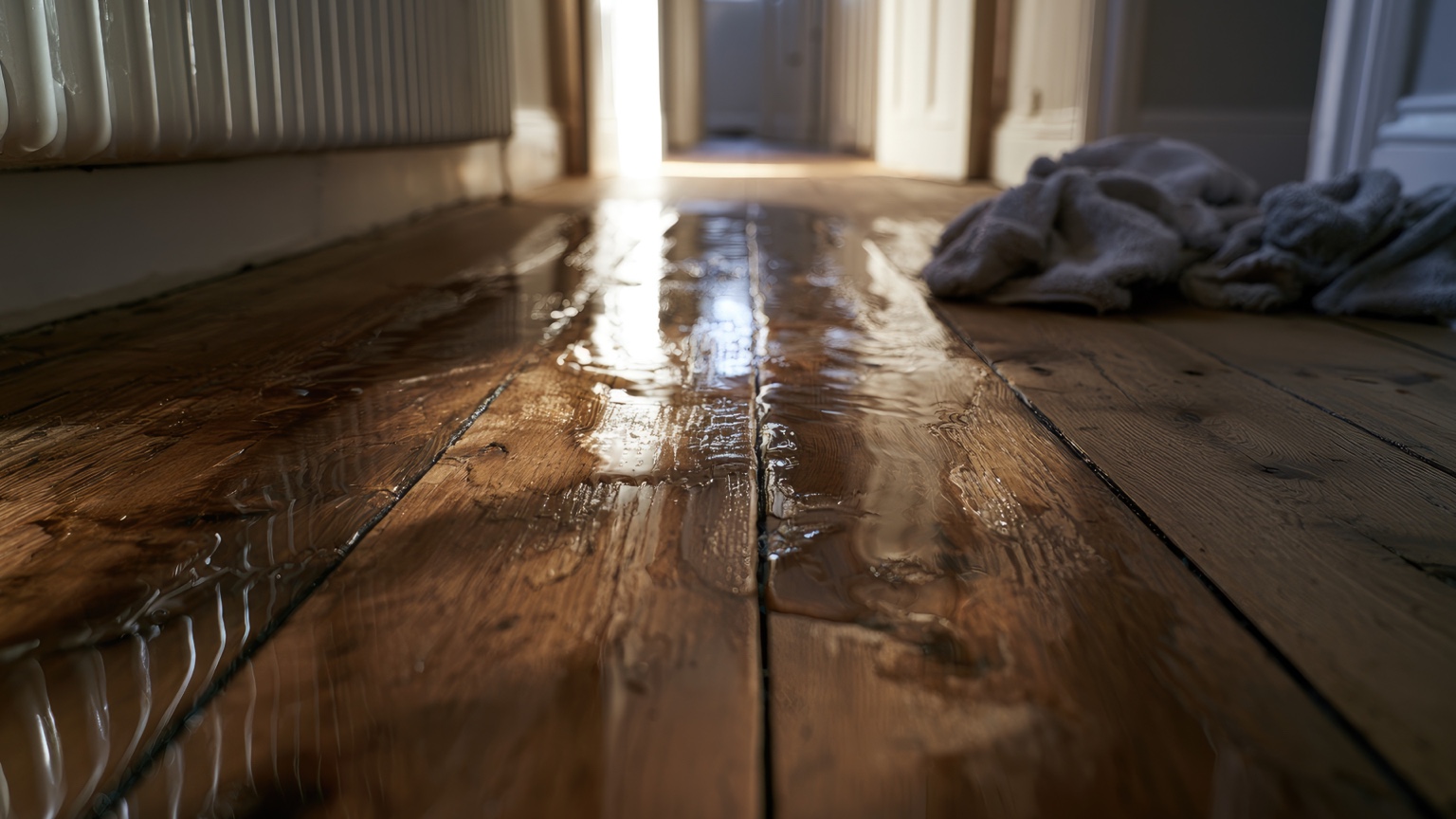 Water spreading across a hardwood floor after a leak inside a home