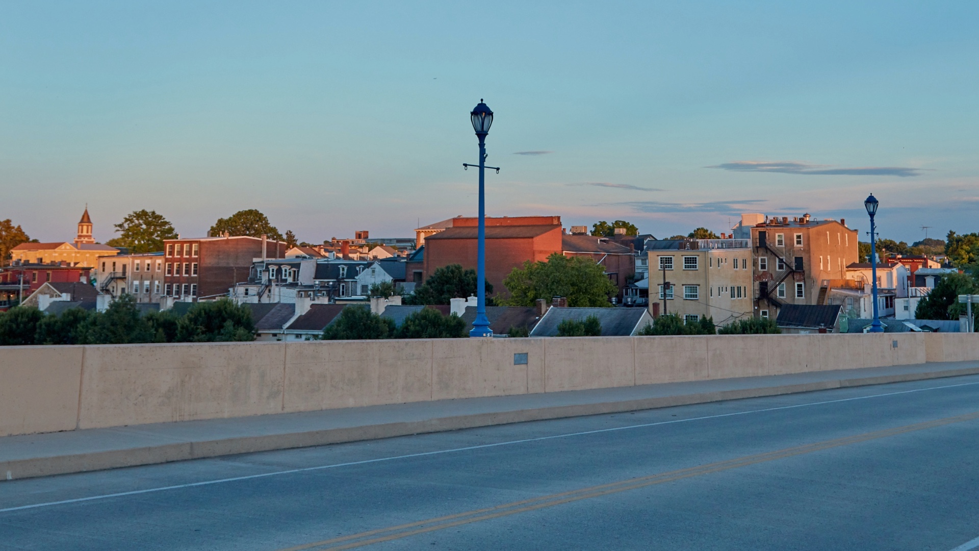 Downtown Phoenixville viewed from its bridge at dusk