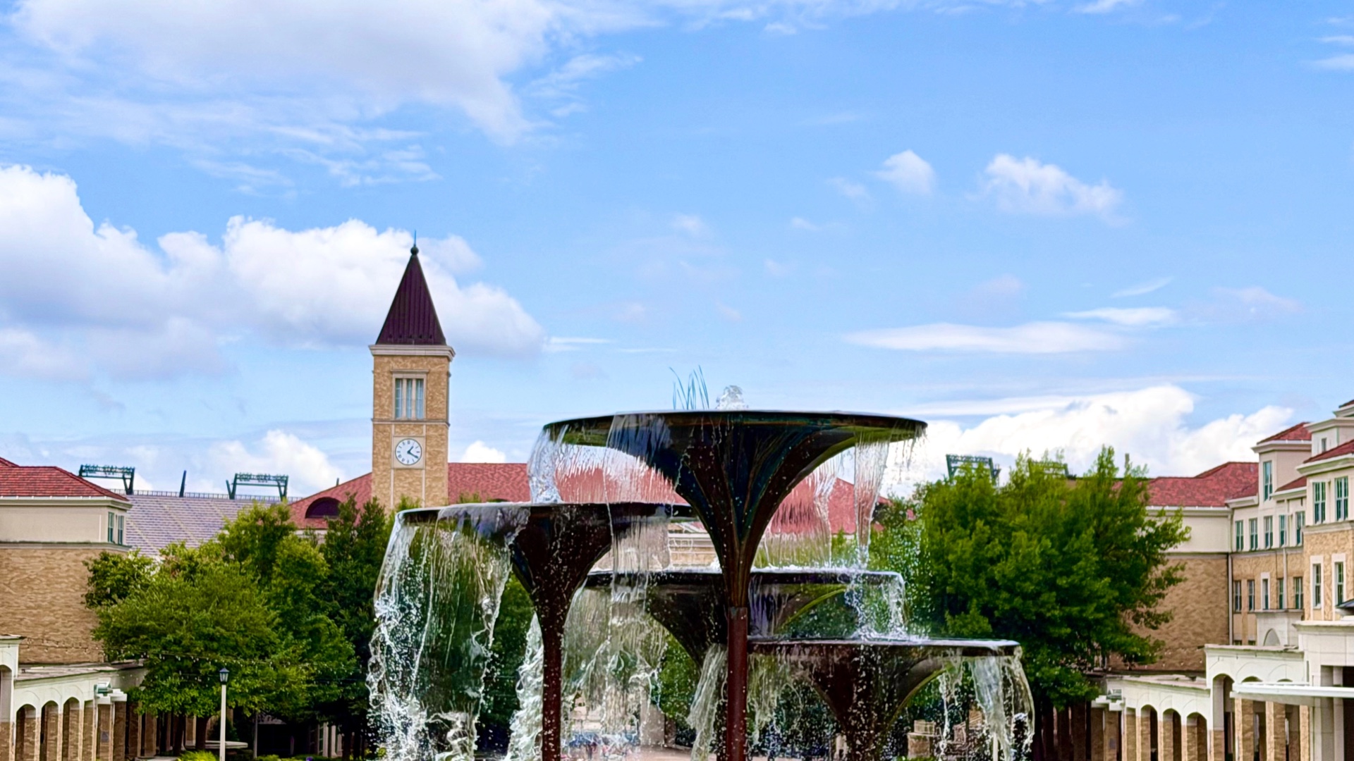 Fountain and clock tower in State College, Pennsylvania