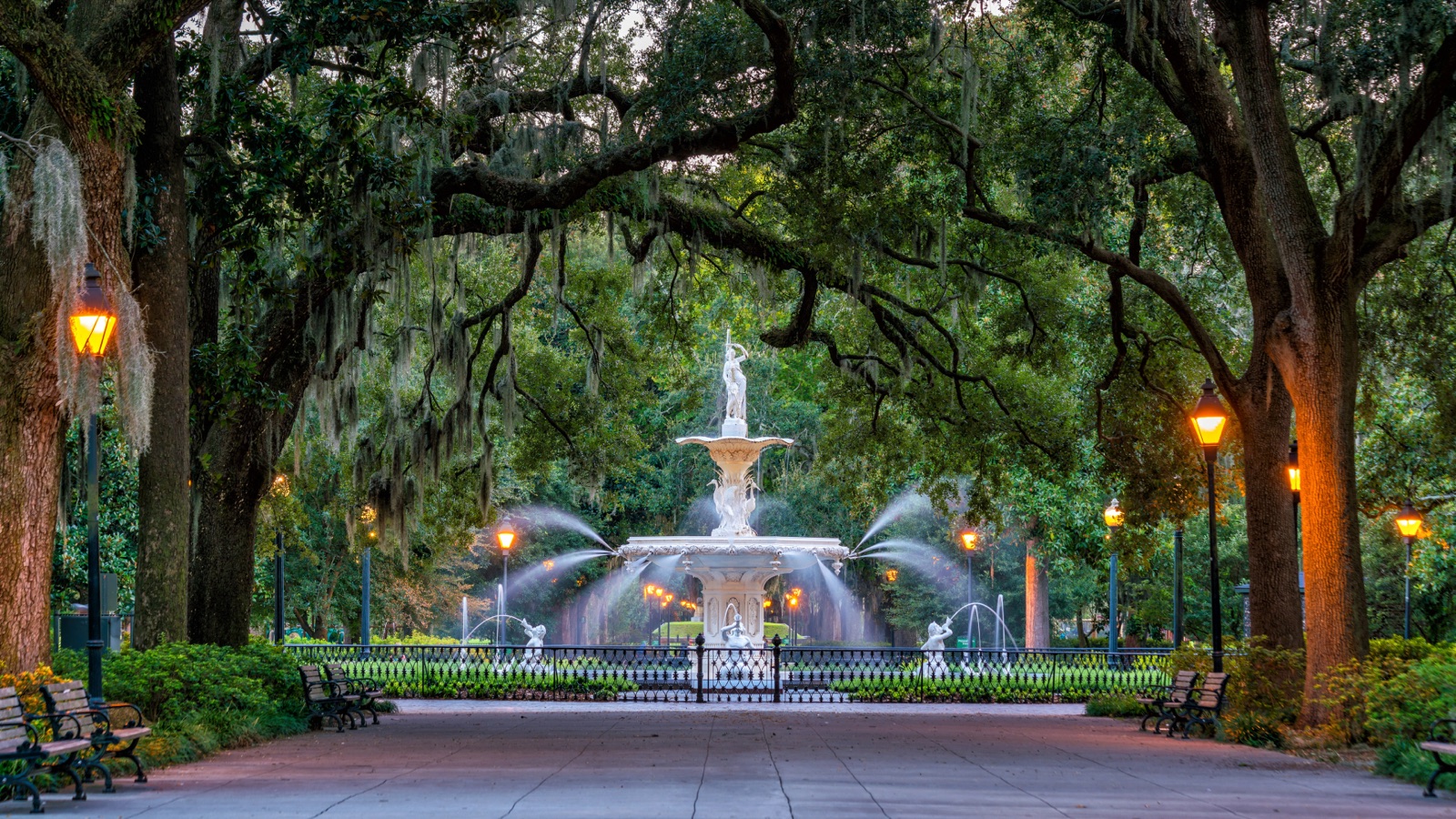 Forsyth Park fountain beneath live oak trees in Savannah, Georgia