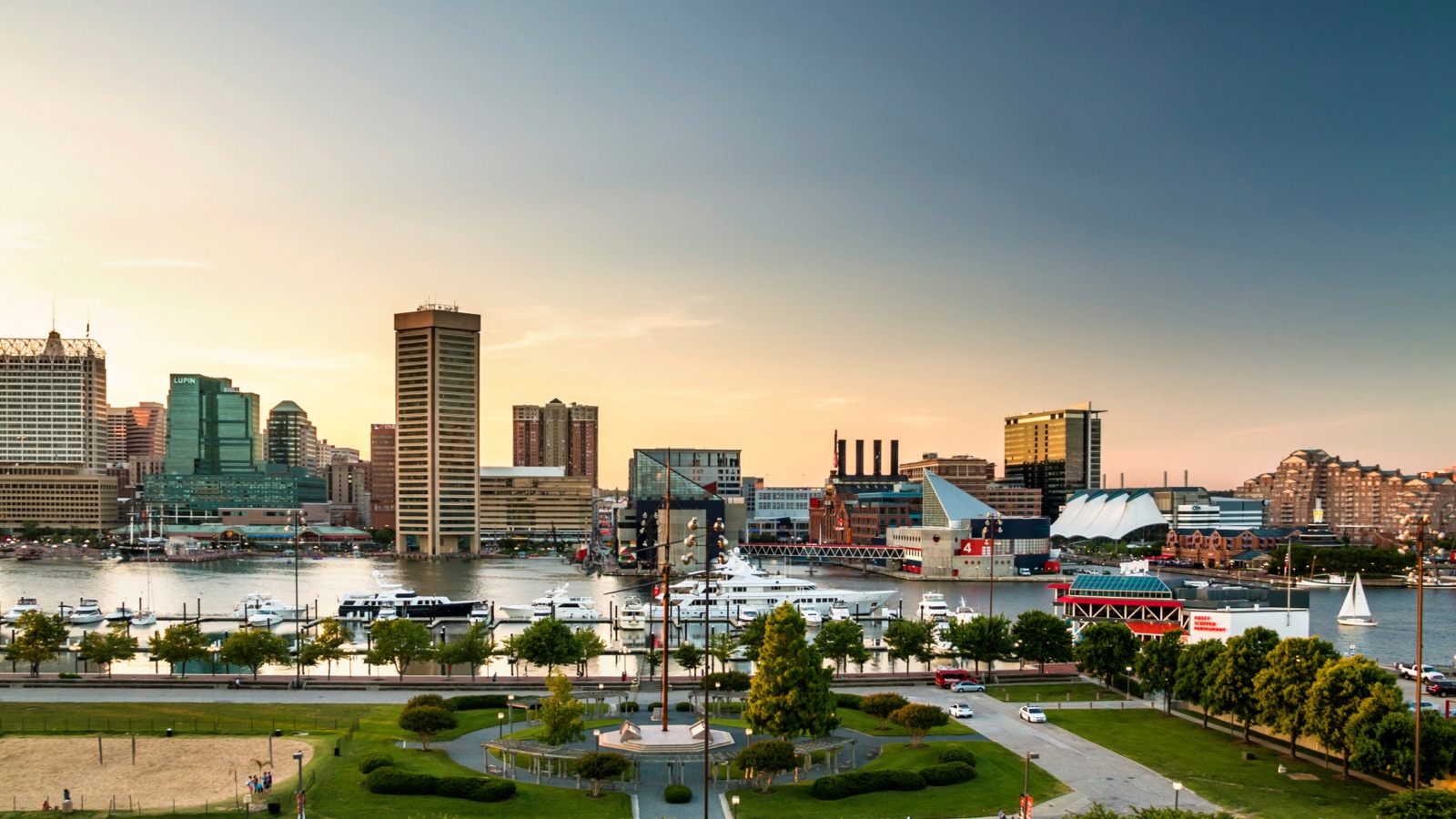 Baltimore Inner Harbor and city skyline in Maryland