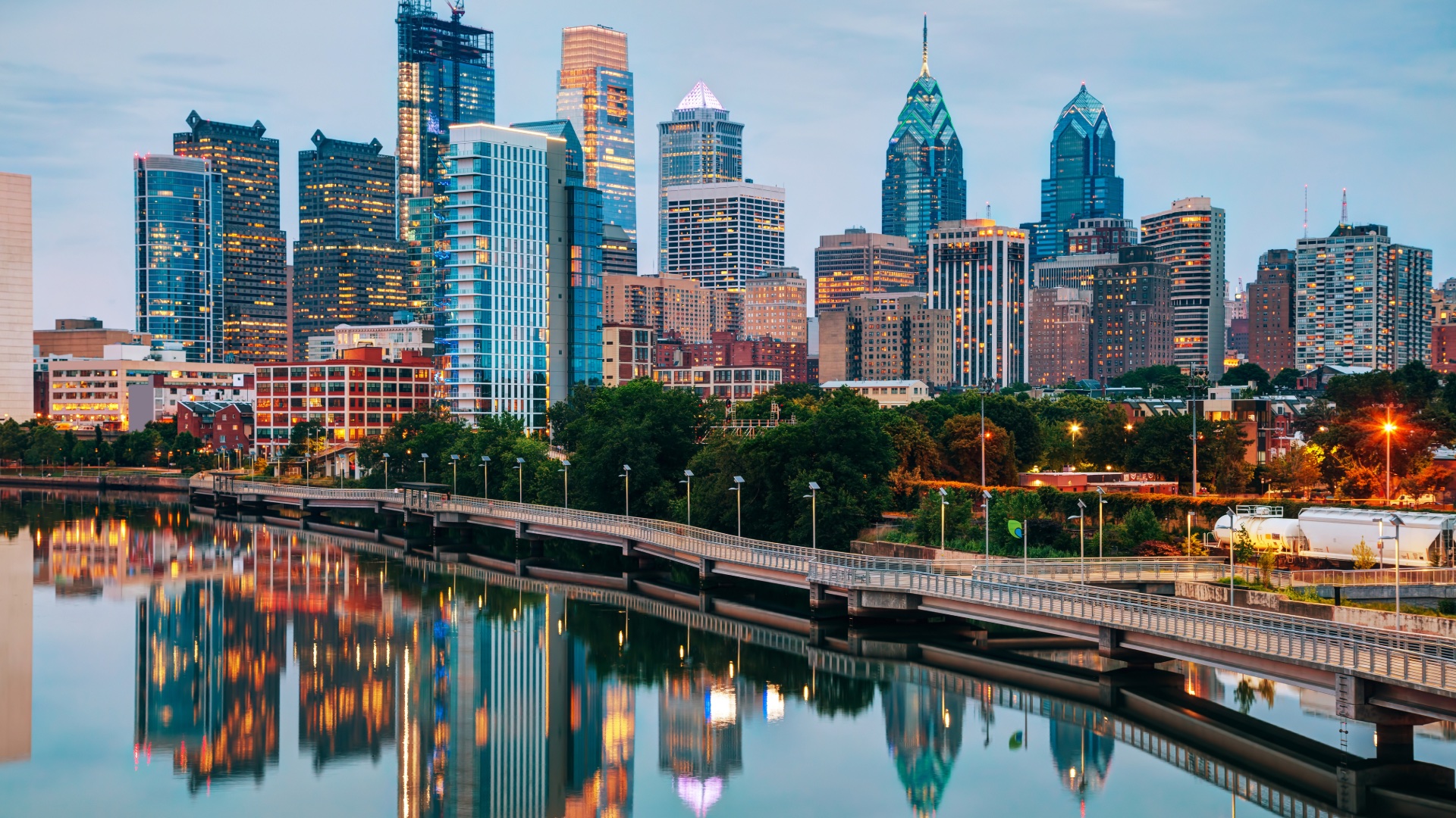 Philadelphia skyline reflected across the Schuylkill River