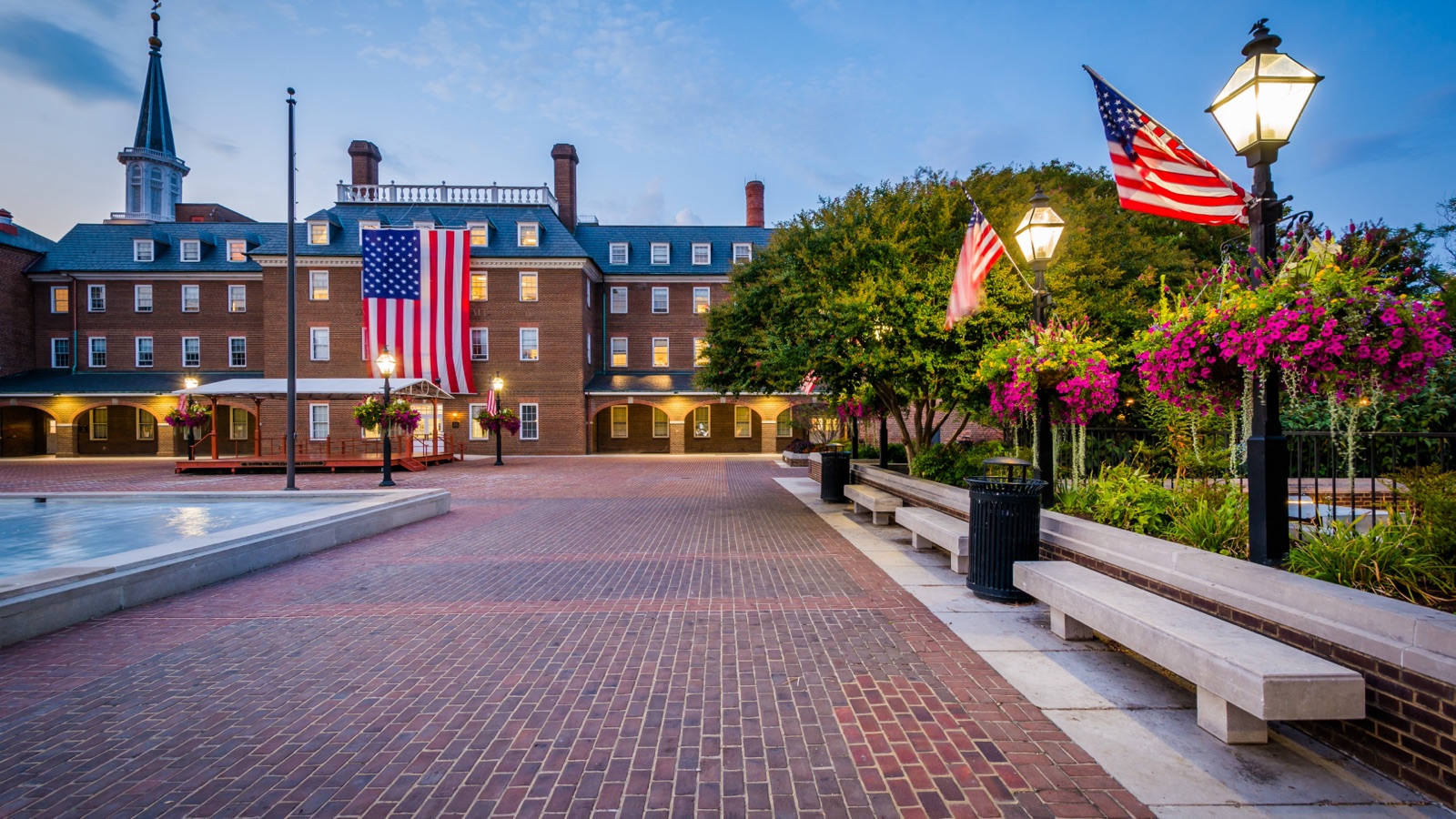 Historic civic square illuminated at dusk in Virginia