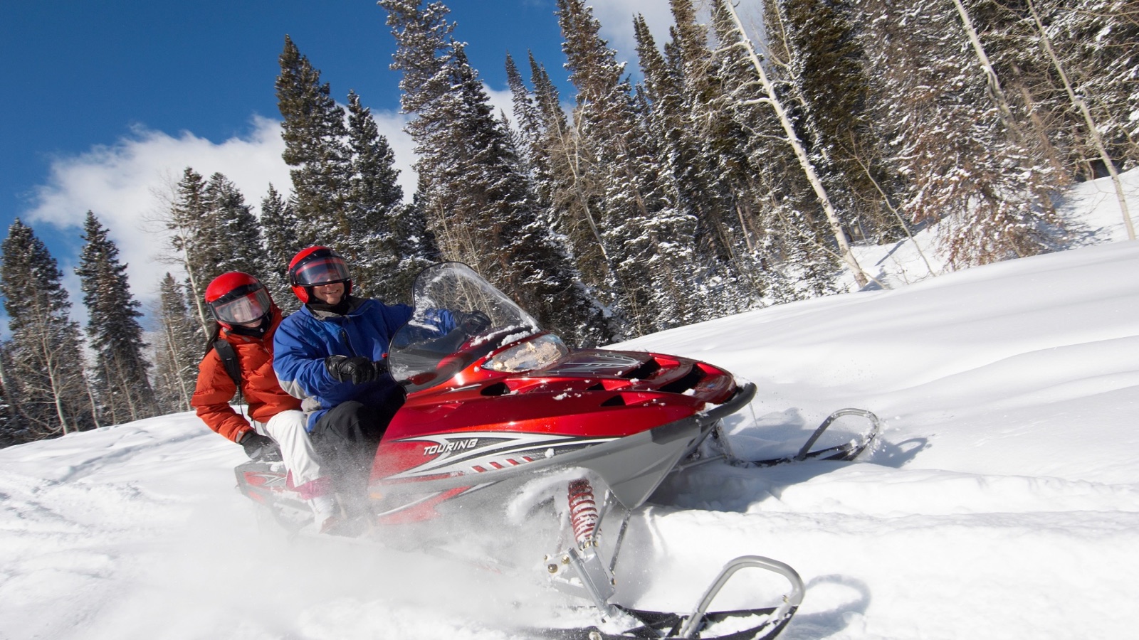 Two riders touring a snowy forest by snowmobile
