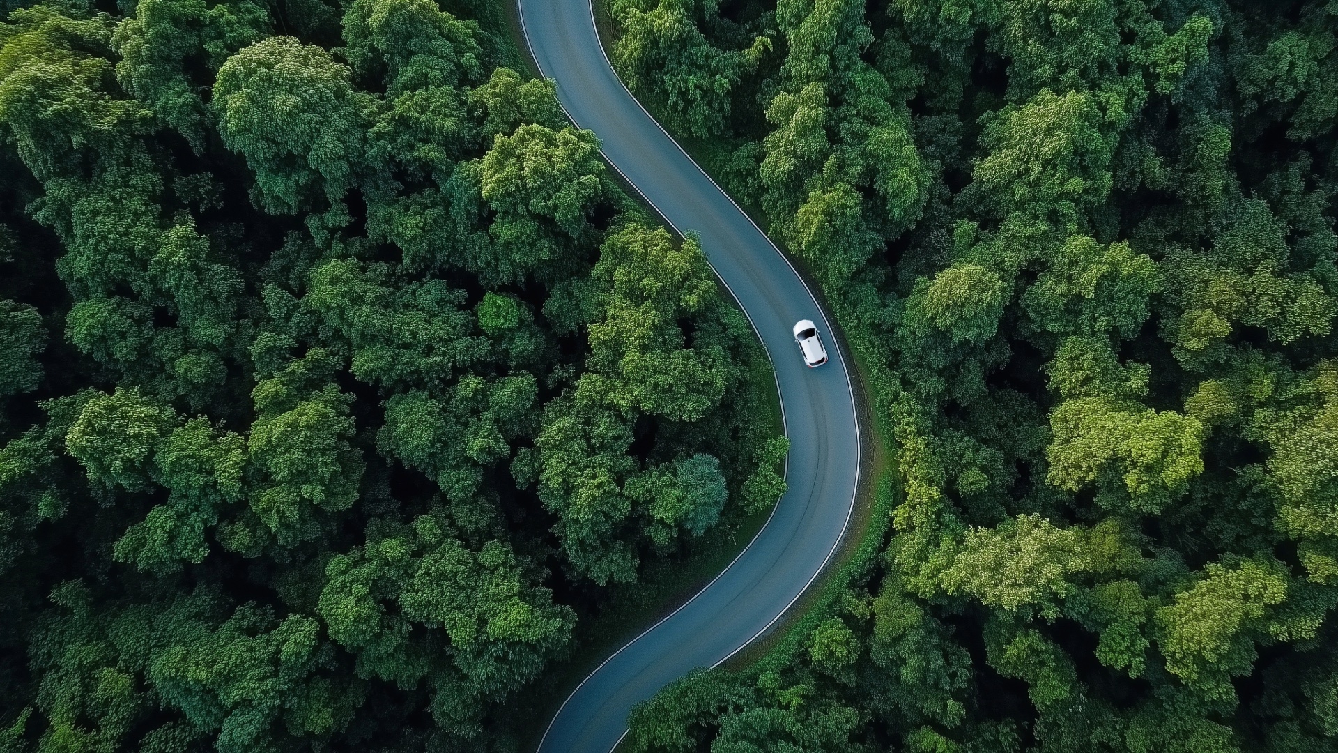 Aerial view of a winding road through a green forest